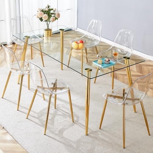71'' Glass Dining Table Set for 6,7 Piece Dining Table Set with 0.4 ...
