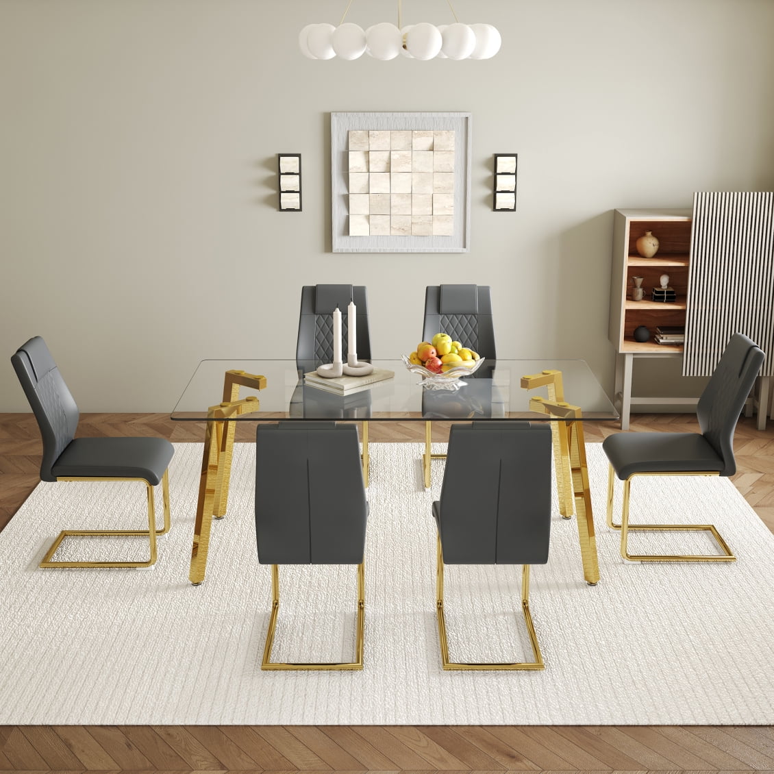 71" Glass Dining Table Set for 6, Gold Dining Room Table Set for 6 ...