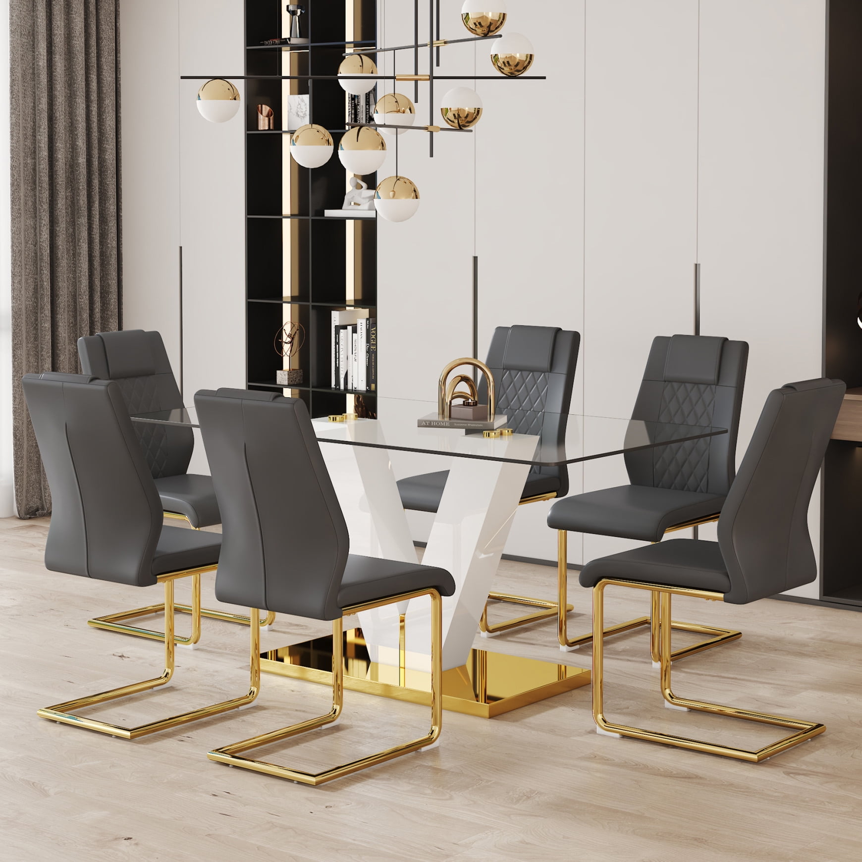 71" Glass Dining Table Set for 6, Gold Dining Room Table Set for 6