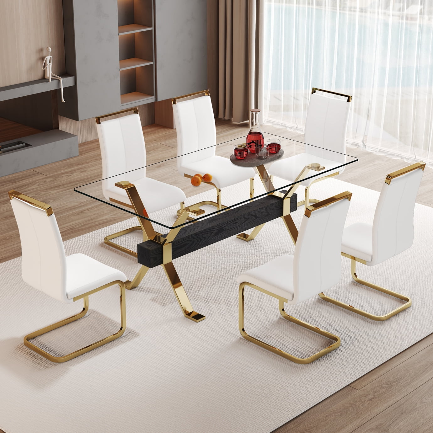 71" Glass Dining Table Set for 6, Gold Dining Room Table Set for 6 ...