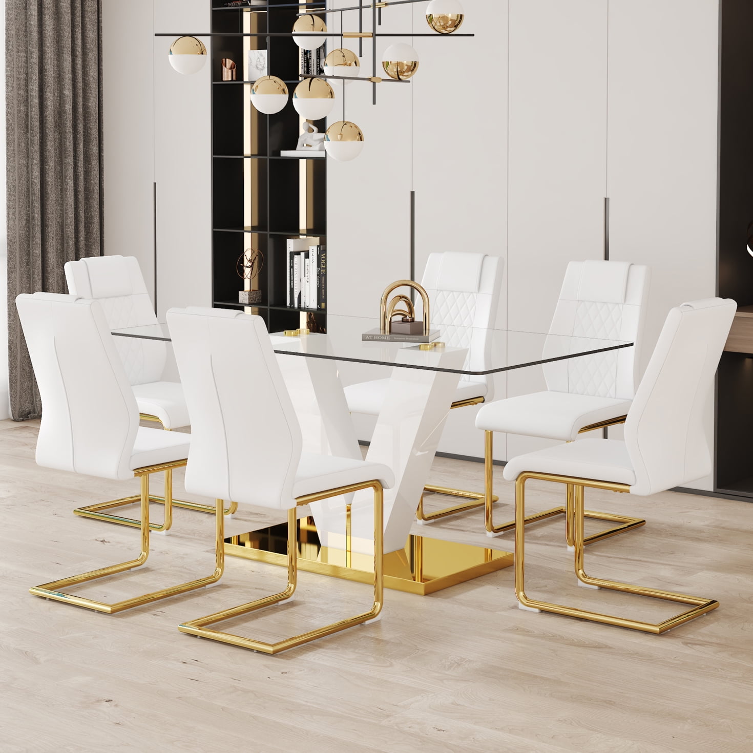 71" Glass Dining Table Set for 6, Gold Dining Room Table Set for 6 ...