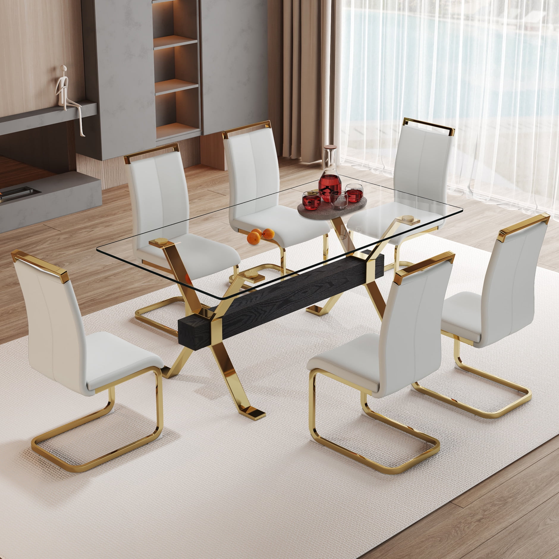 71" Glass Dining Table Set for 6, Modern Gold Tempered Glass Top with 6 PU Leather Chairs ...