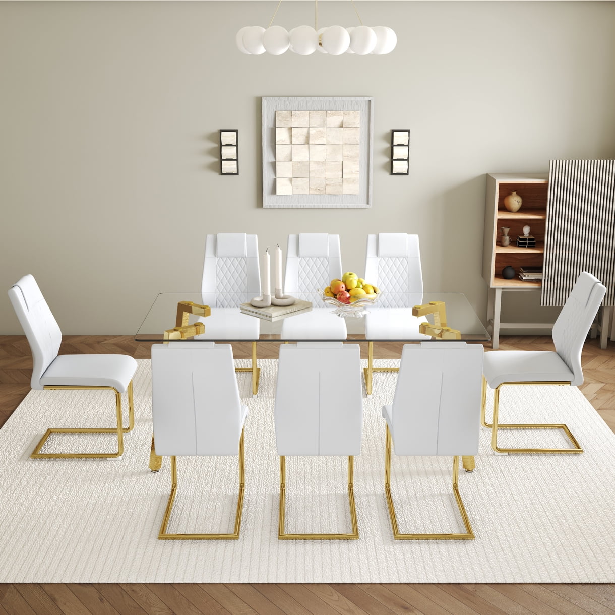 71" Glass Dining Table Set for 8, Gold Dining Room Table Set for 8 ...