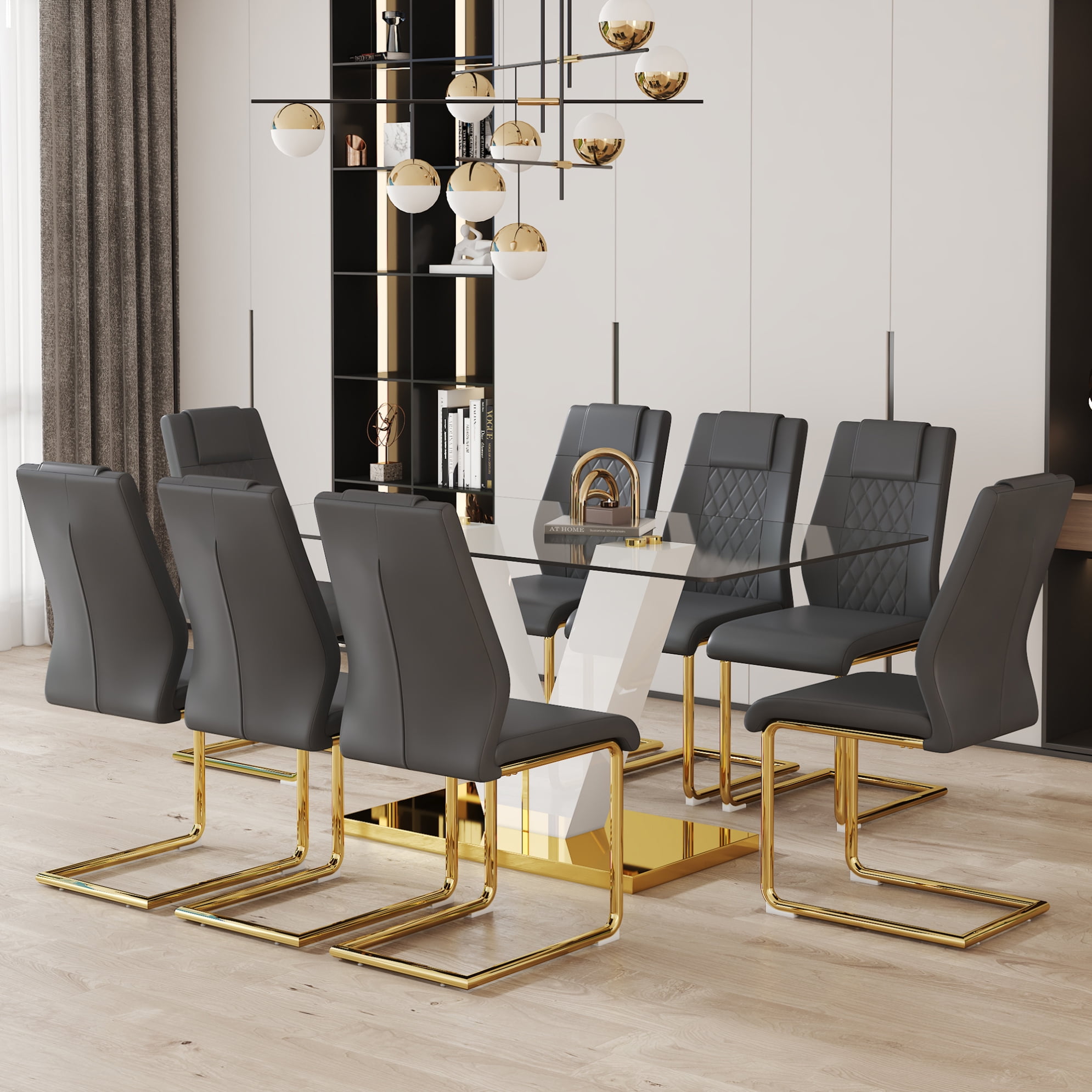 71" Glass Dining Table Set for 8, Gold Dining Room Table Set for 8 ...