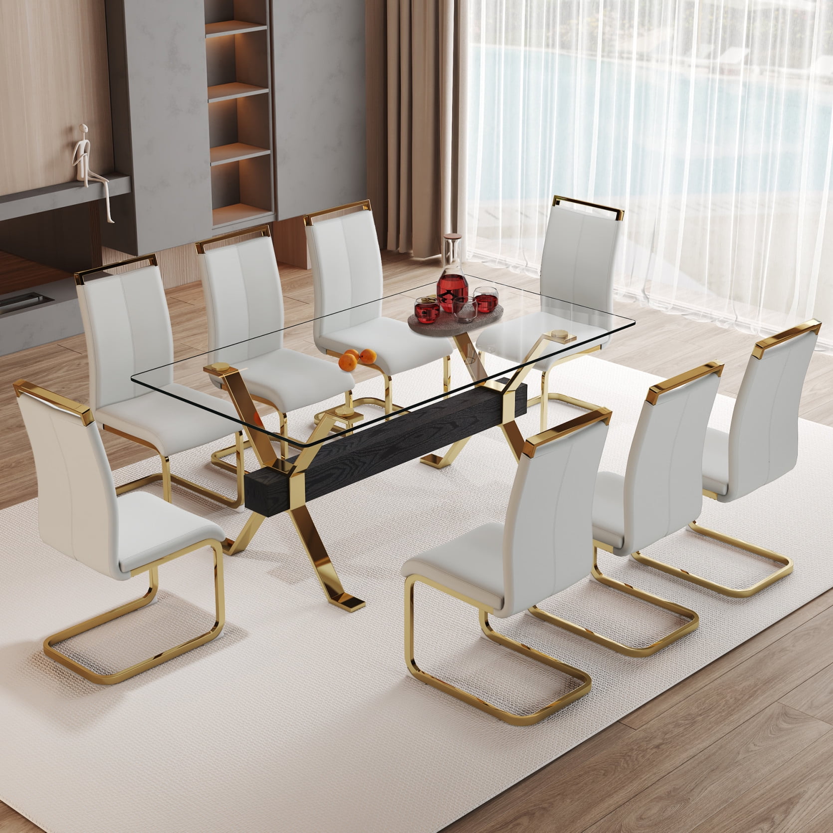 71" Glass Dining Table Set for 8, Modern Tempered Glass Top with Gold ...