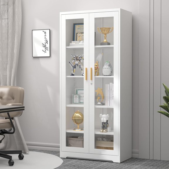 71" Glass Display Cabinet with Lock,Curio Cabinet with Glass Doors, Metal Display Case with 4 Adjustable Shelves, White Bookcase Locking Storage Cabinets for,Liquor,Plant,Commercial