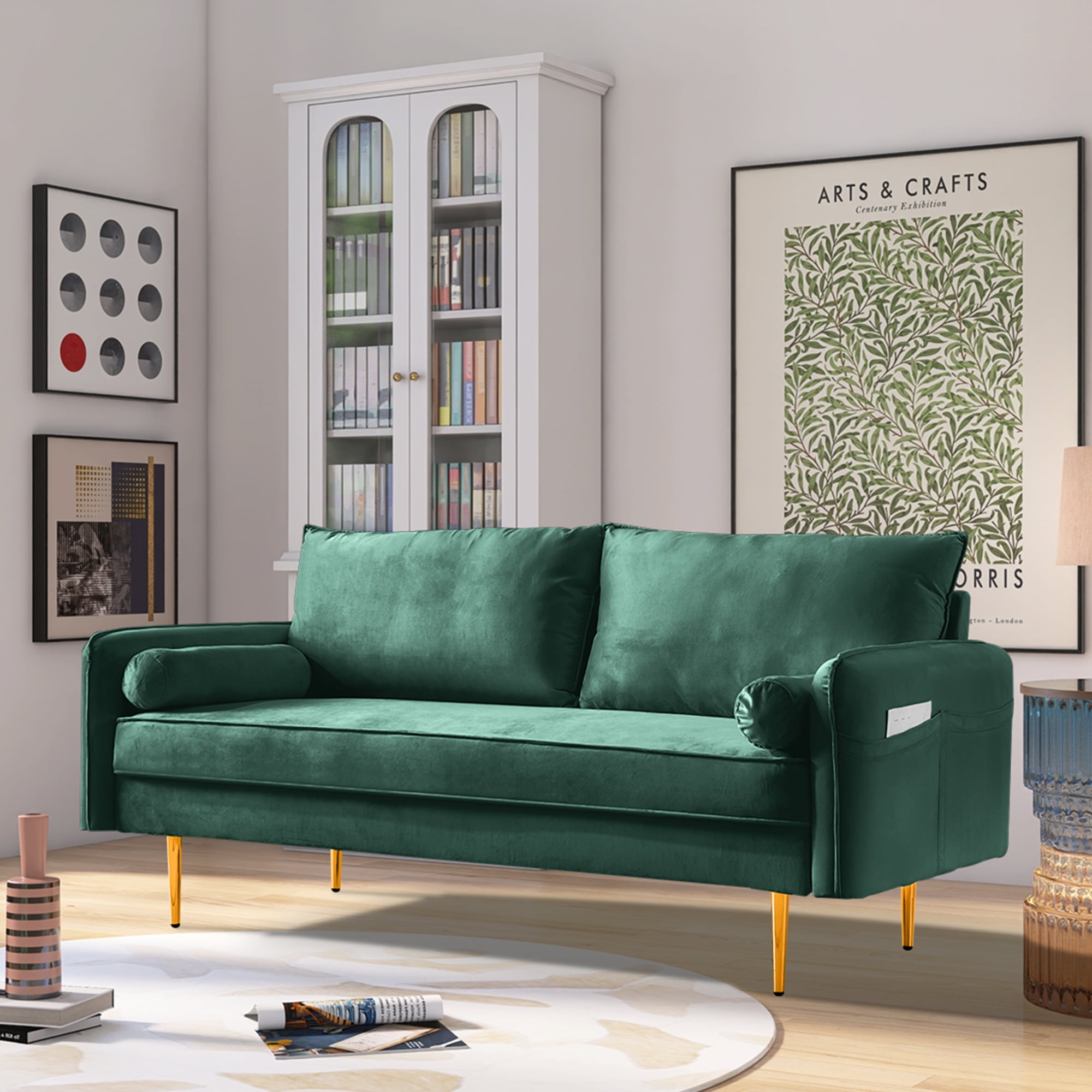 71" Green Velvet Love Seat Couch,Sleeper Sofa with Bolster Pillows
