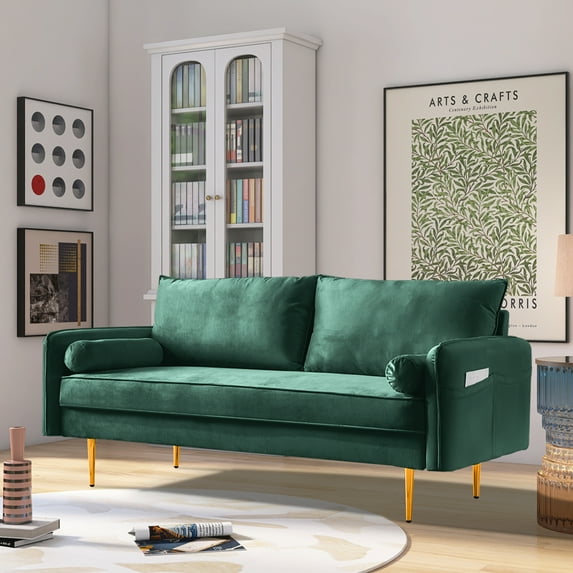 71" Green Velvet Love Seat Couch,Sleeper Sofa with Bolster Pillows,Upholstered Sofa Bed Couch with High Armrest and Metal Legs for Living Room,Bedroom,Apartment