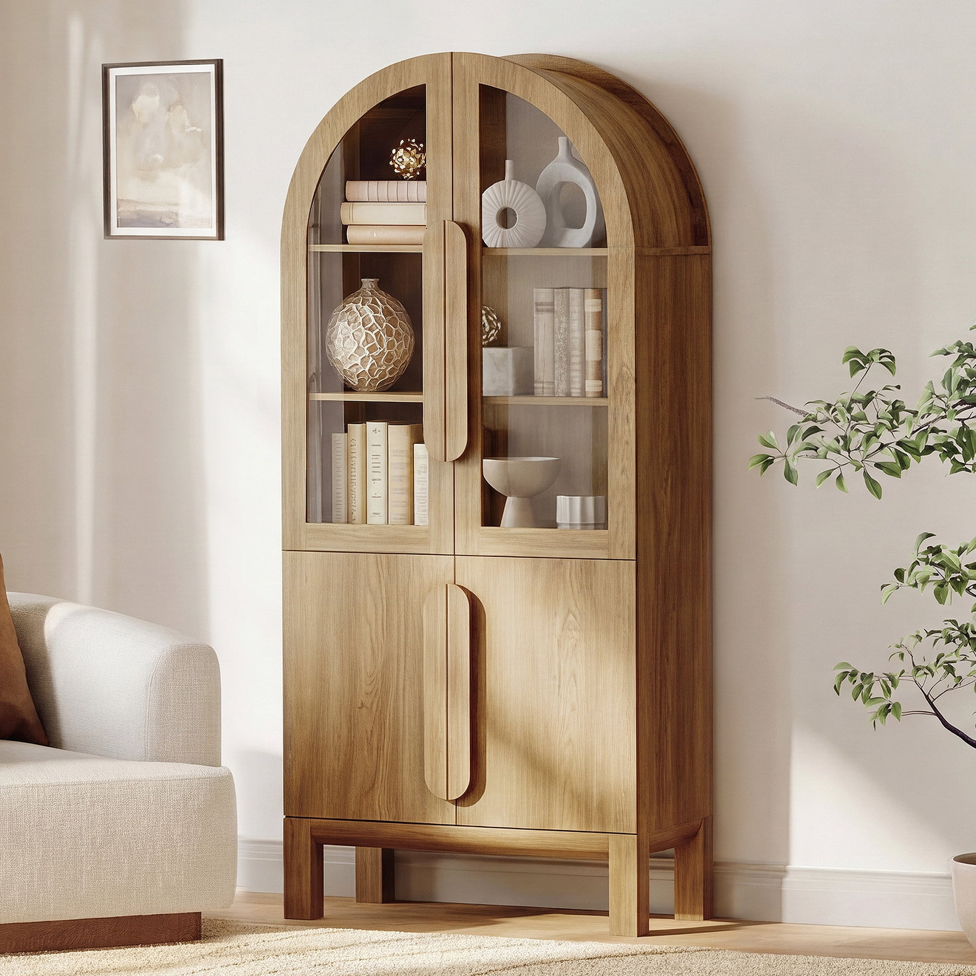 71"H Arched Bookshelf, Modern 3 Tier Bookcase with Cabinet, Wooden Display Cabinet with Glass Doors and Adjustable Shelves, Versatile Bookshelf for Living Room, Study, Office