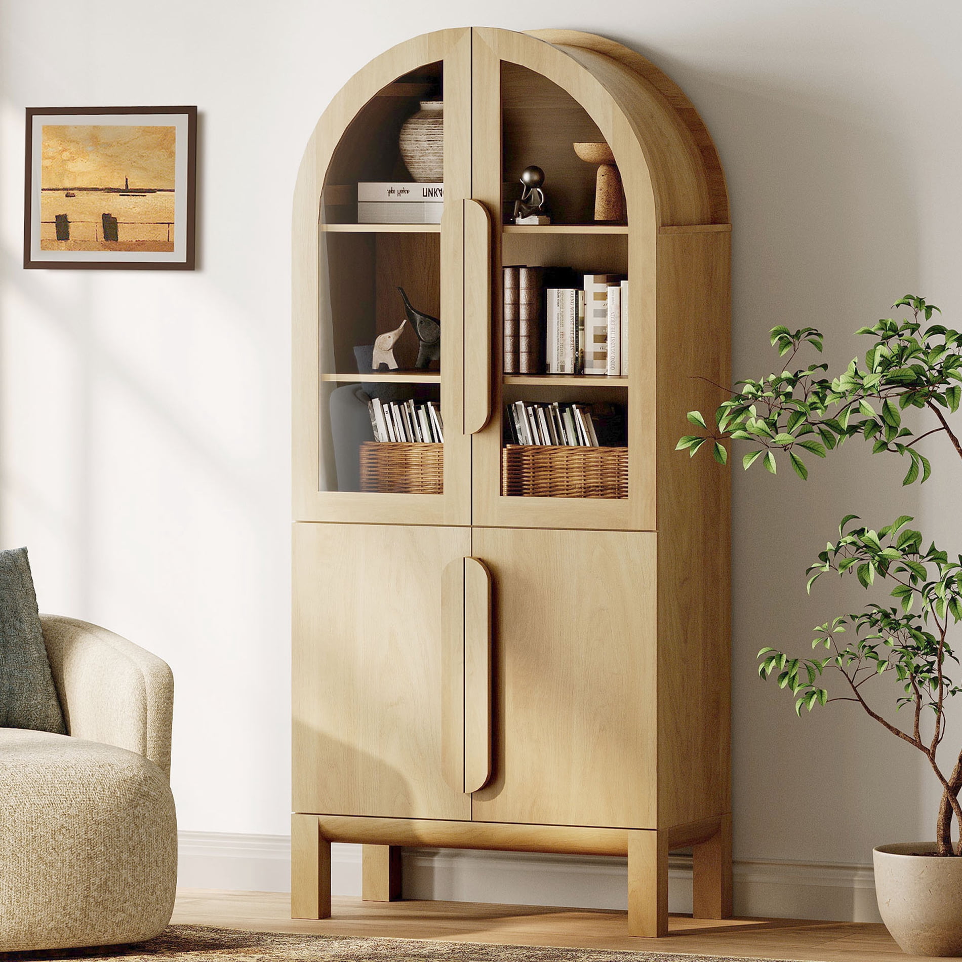 71"H Arched Bookshelf, Modern 5 Tier Bookcase with Cabinet, Wooden Display Cabinet with Glass Doors and Adjustable Shelves, Versatile Bookshelf for Living Room, Study, Office