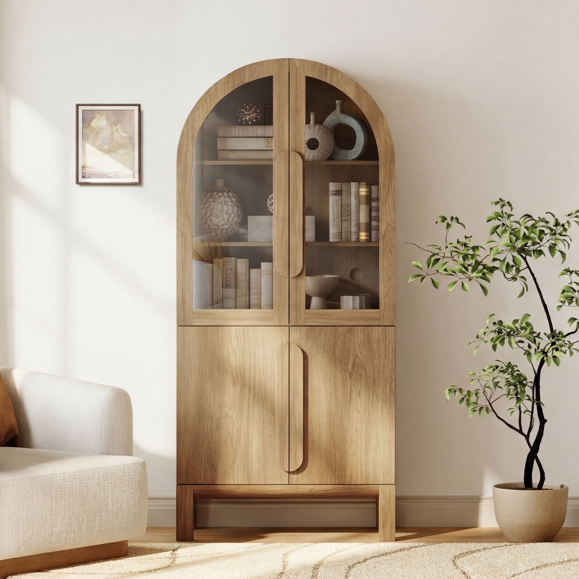 71"H Arched Bookshelf, Modern 5 Tier Bookcase with Cabinet, Wooden Display Cabinet with Glass Doors and Adjustable Shelves, Versatile Bookshelf for Living Room, Study, Office
