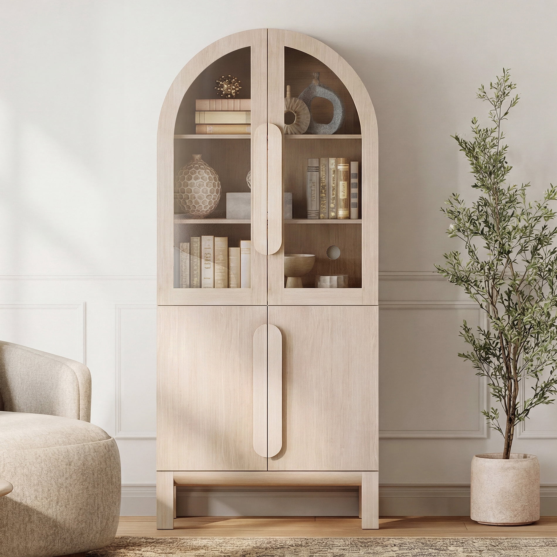71"H Arched Bookshelf, Modern 3 Tier Bookcase with Cabinet, Wooden Display Cabinet with Glass Doors and Adjustable Shelves, Versatile Bookshelf for Living Room, Study, Office