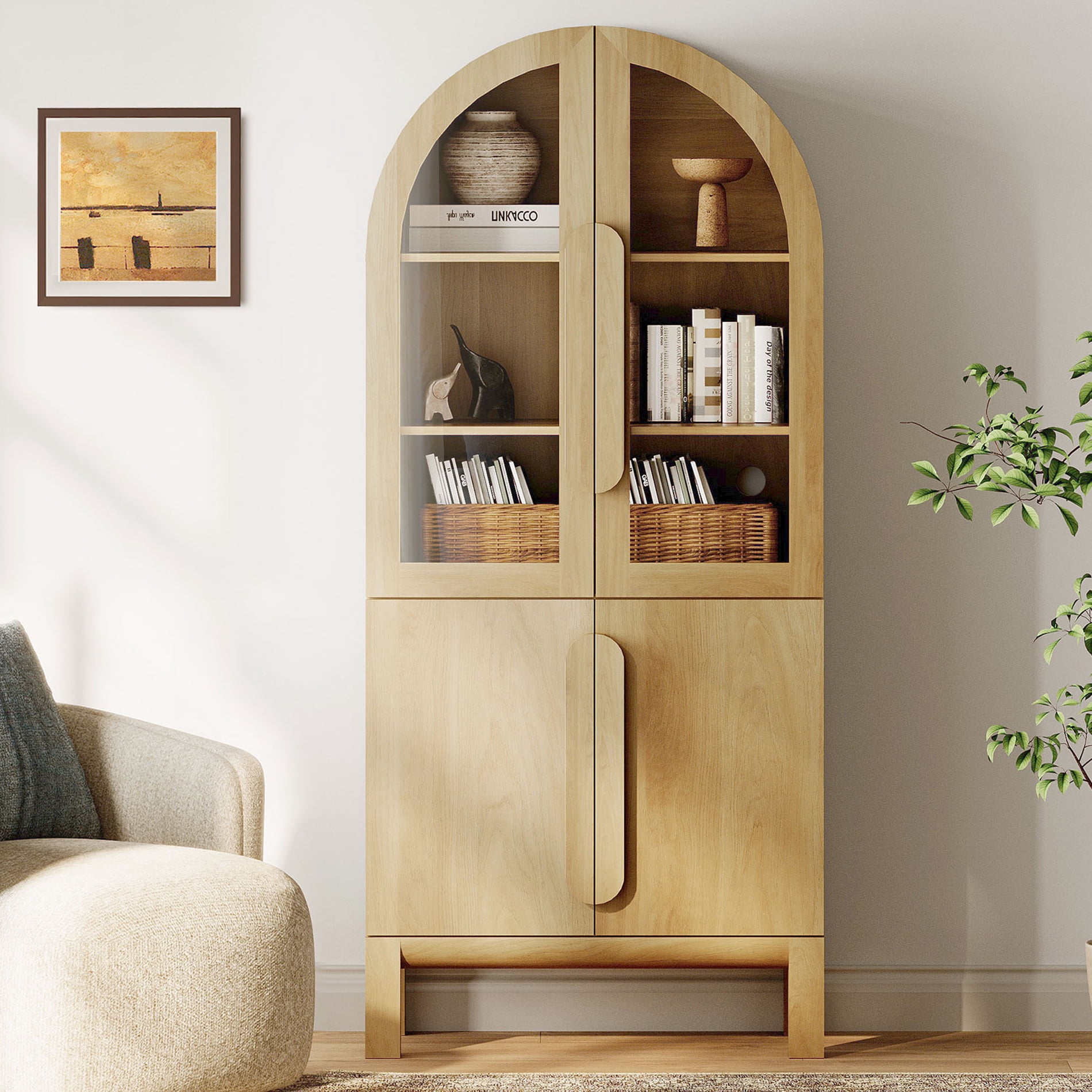 71"H Arched Bookshelf, Modern 3 Tier Bookcase with Cabinet, Wooden Display Cabinet with Glass Doors and Adjustable Shelves, Versatile Bookshelf for Living Room, Study, Office