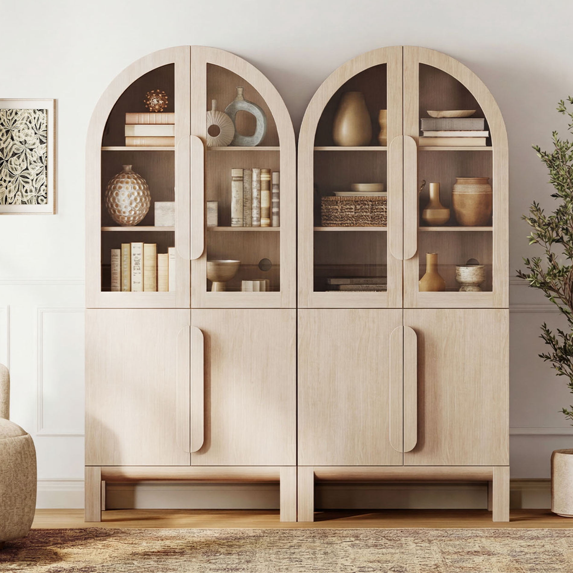 71"H Arched Bookshelf Set of 2, Modern 5 Tier Bookcase with Cabinet, Wooden Display Cabinet with Glass Doors and Adjustable Shelves, Versatile Bookshelf for Living Room, Study, Office
