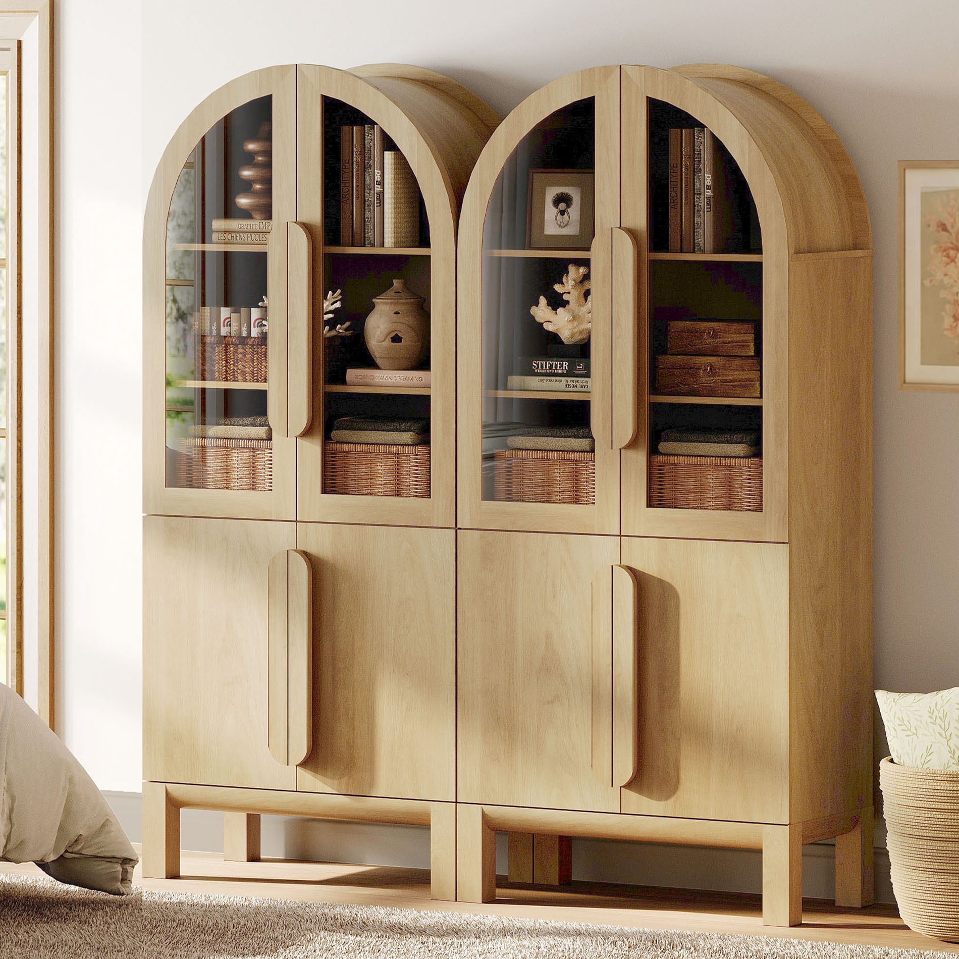 71"H Arched Bookshelf Set of 2, Modern 3 Tier Bookcase with Cabinet, Wooden Display Cabinet with Glass Doors and Adjustable Shelves, Versatile Bookshelf for Living Room, Study, Office