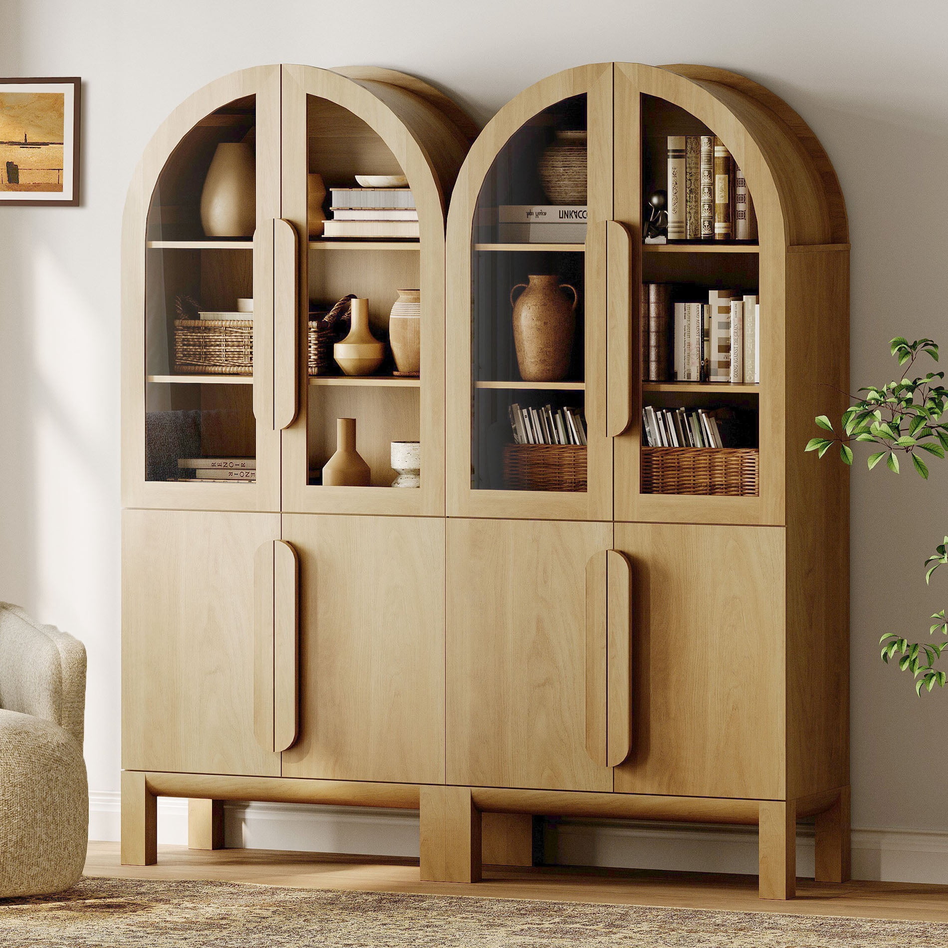 71"H Arched Bookshelf Set of 2, Modern 5 Tier Bookcase with Cabinet, Wooden Display Cabinet with Glass Doors and Adjustable Shelves, Versatile Bookshelf for Living Room, Study, Office