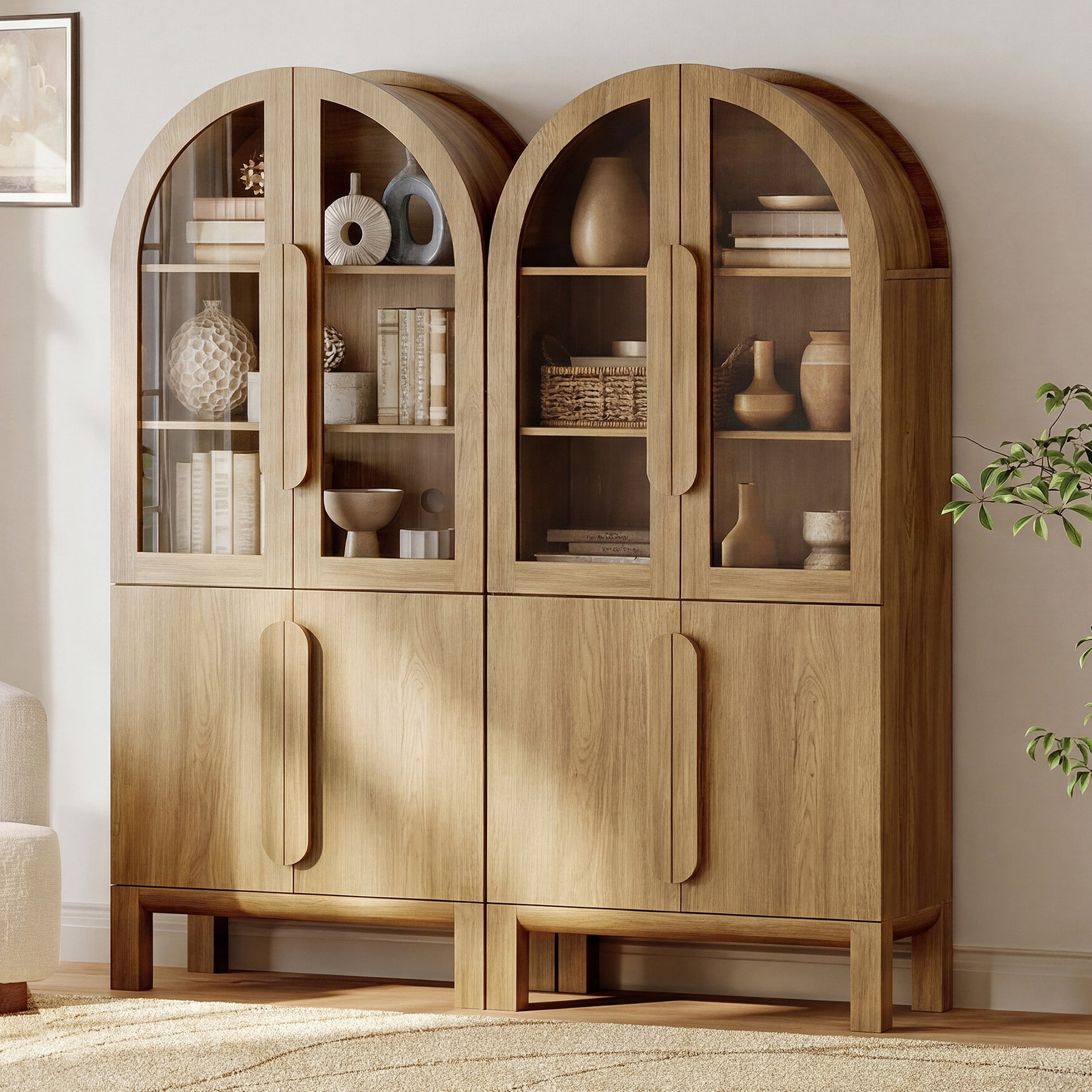 71"H Arched Bookshelf Set of 2, Modern 3 Tier Bookcase with Cabinet, Wooden Display Cabinet with Glass Doors and Adjustable Shelves, Versatile Bookshelf for Living Room, Study, Office