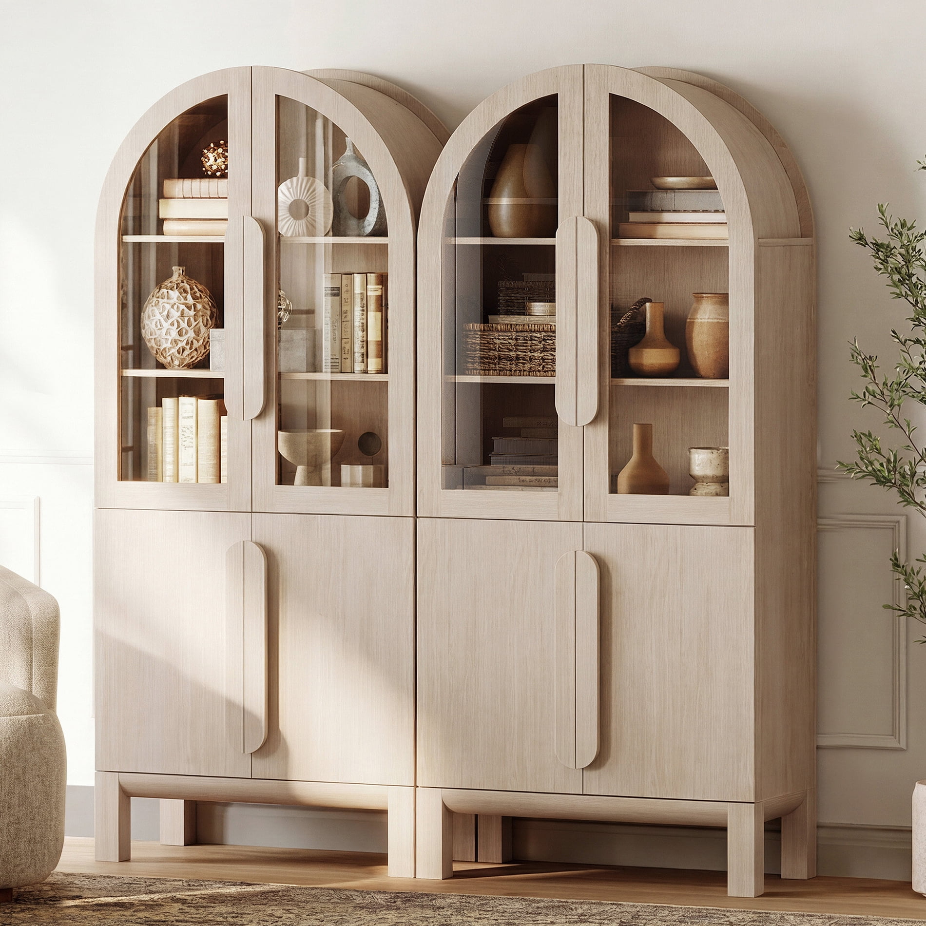 71"H Arched Bookshelf Set of 2, Modern 3 Tier Bookcase with Cabinet, Wooden Display Cabinet with Glass Doors and Adjustable Shelves, Versatile Bookshelf for Living Room, Study, Office