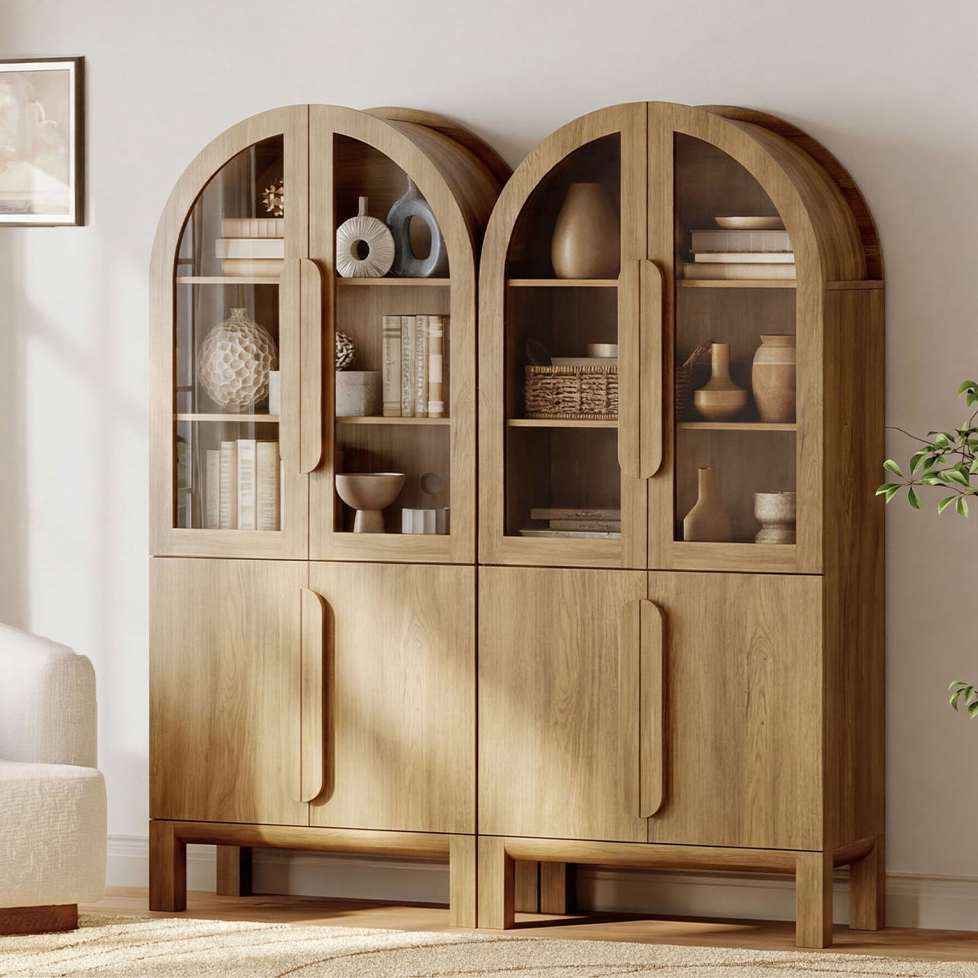 71"H Arched Bookshelf Set of 2, Modern 5 Tier Bookcase with Cabinet, Wooden Display Cabinet with Glass Doors and Adjustable Shelves, Versatile Bookshelf for Living Room, Study, Office