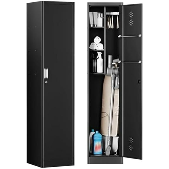 71" H Broom Closet Storage Cabinet Metal Cleaning Tool Cabinet Utility Closet Cleaning Supplies with Locking Door Broom Rack Shelf for Broom mops Garage Storage Black$$Tools
