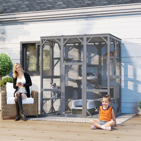 71"H Catio Outdoor Cat Enclosure for Multiple Cats, Walk in Cats House with 7 Platforms and 2 Resting Boxes, Wooden Cats Shelter with Weatherproof Roof, Grey