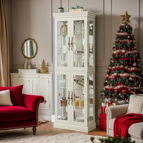 71" H Curio Cabinet Lighted Glass Display Case, Wooden Wine Storage Cabinet with 4 Doors & Adjustable Glass Shelves, 6 Shelves Vintage Curio Display Case for Living Room