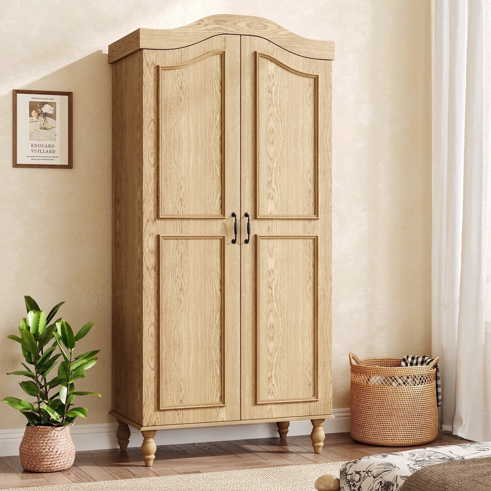 71 in Farmhouse Wood Armoire Cabinet, 2-Door Wardrobe Closet with Hanging Rod & Shelf, Bedroom Storage Organizer