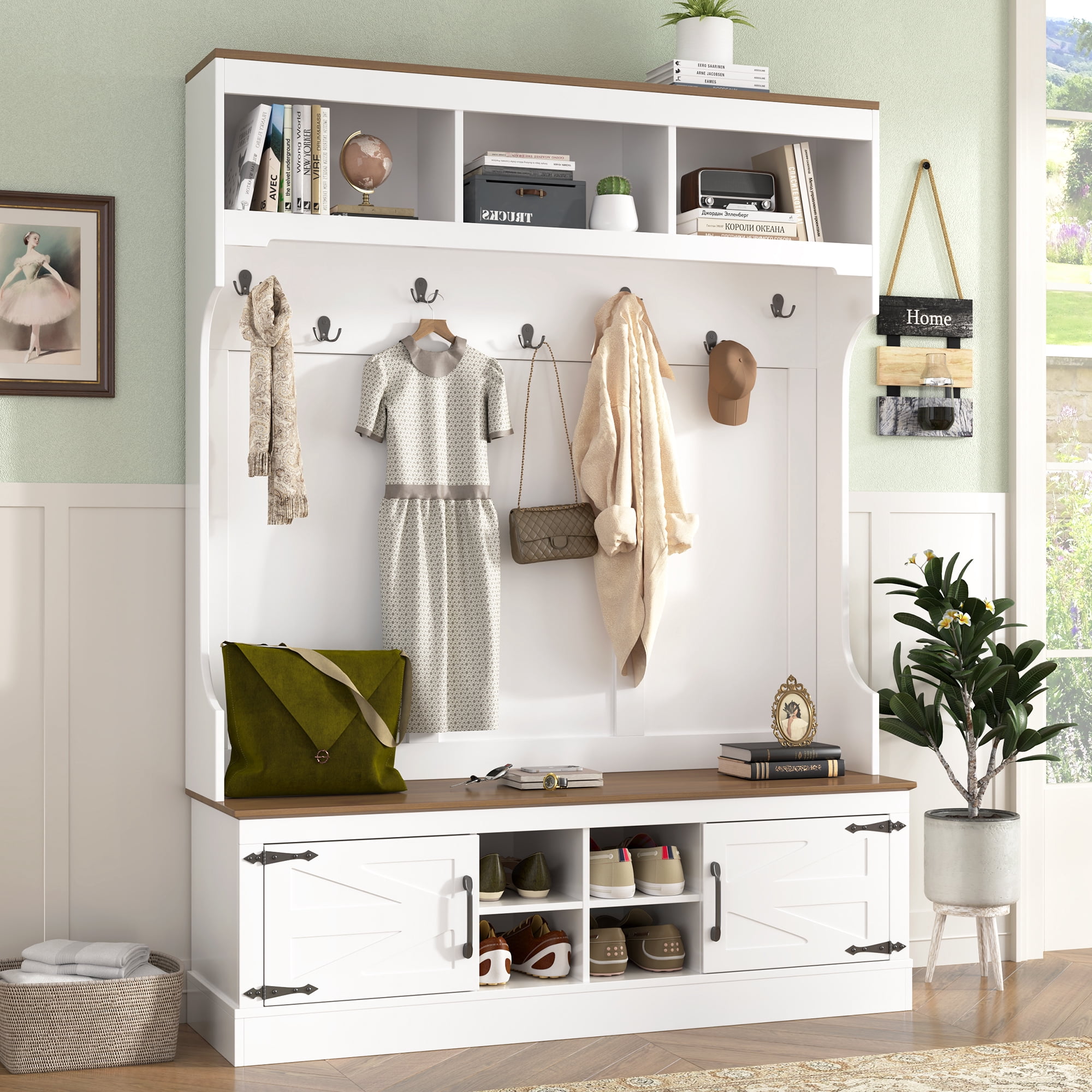 71''H Farmhouse Hall Tree with Shoe Storage Bench, 5-in-1 Entryway Storage Cabinet Organizer with Coat Rack for Hallway, Living Room