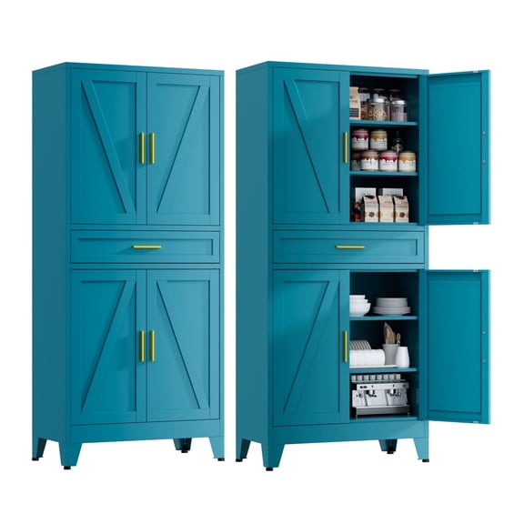 Elegant 71" H Farmhouse Metal Kitchen Storage Cabinet with Drawer and 4 Doors,Blue Pantry Cabinet,Metal Storage Cabinet for Kitchen,Living Room