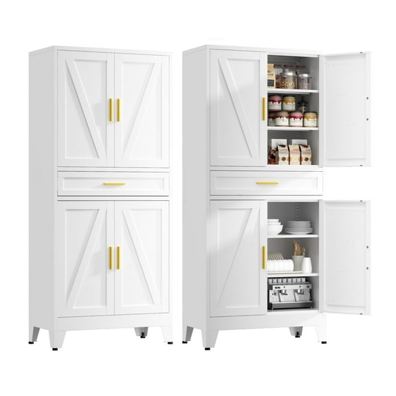 Elegant Furniture 71" H Farmhouse Kitchen Storage Cabinet with Drawer and 4 Doors,White Pantry Cabinets,Metal Storage Cabinet for Kitchen,Living Room