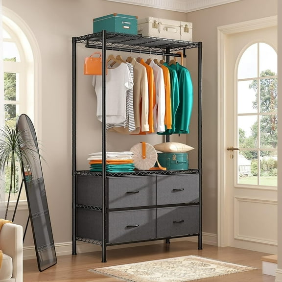 71"H Heavy Duty Clothes Rack, Max Load 445 LBS, Freestanding 3-Tier Wire Garment Rack for Hanging Clothes with Shelves, Closet Organizers and Storage Metal Closet Wardrobe System, Black