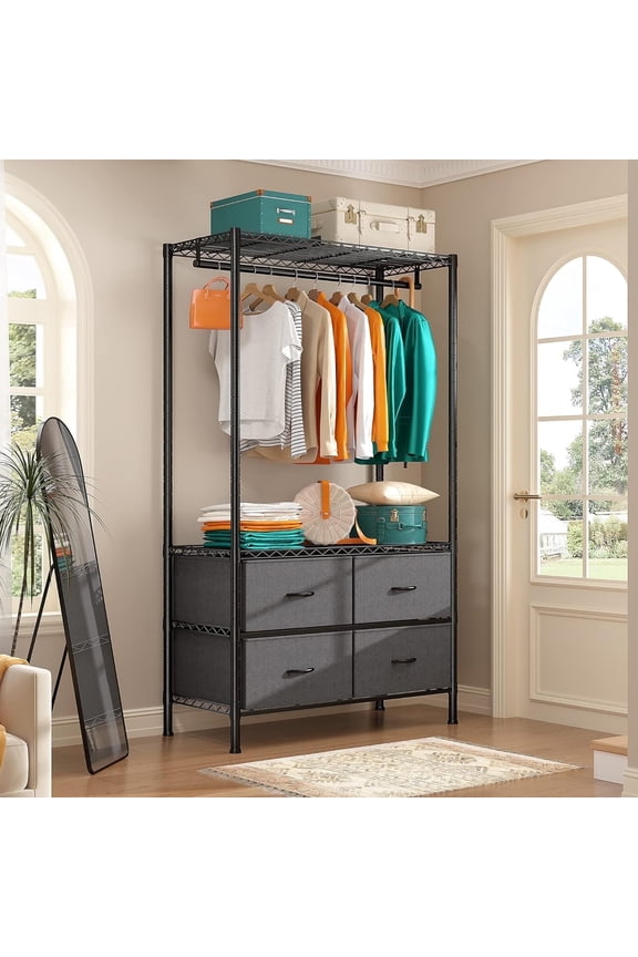 71"H Heavy Duty Clothes Rack, Max Load 445 LBS, Freestanding 3-Tier Wire Garment Rack for Hanging Clothes with Shelves, Closet Organizers and Storage Metal Closet Wardrobe System, Black