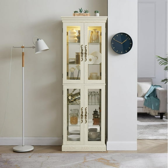71" H Lighted Curio Cabinet Display Case, Glass Curio Cabinets with Adjustable Shelves and Tempered Glass Door, Wooden Cabinet w/Mirrored Back Pane for Living Room (Antique White)