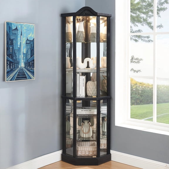 71"H Lighted Curio Cabinet, Tempered Glass Corner Display Cabinet with Adjustable Shelves, China Cabinet for Living Room, Office, Black