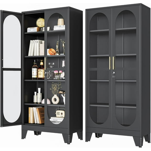 71" H Locking Display Cabinet with Glass Door, Metal Curio Cabinets with 4 Adjustable Shelves, Tall Liquor Cabinet Display Case for Living Room, Collectibles, Home - Assembly Required Black