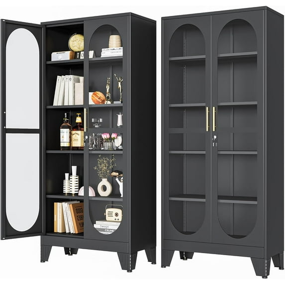 71" H Locking Display Cabinet with Glass Door, Metal Curio Cabinets with 4 Adjustable Shelves, Tall Liquor Cabinet Display Case for Living Room, Collectibles, Home - Assembly Required Black