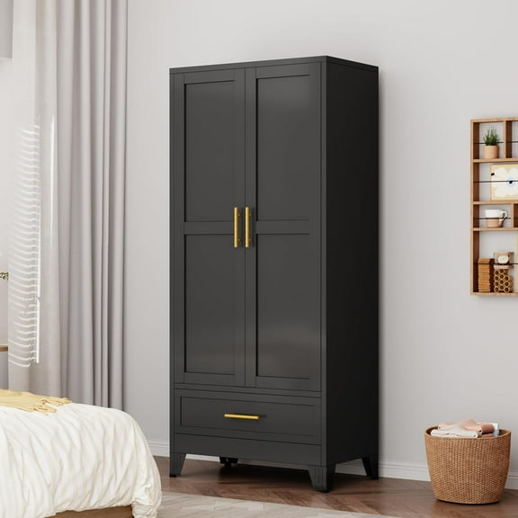 71" H Metal Armoire Wardrobe Closet, Adjustable Shelve, Clothes Metal Wardrobe Cabinet for Bedroom (1 Drawer, Black)