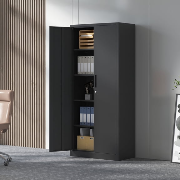 71"H Metal Garage Storage Cabinet, Black Tool Steel Locking Cabinet with Doors and 4 Shelves, Tall Cabinets for Garage Storage Systems Lockable File Cabinet for Home Office, Classroom/Pantry