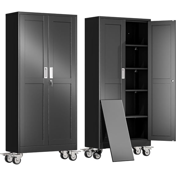 71" H Metal Garage Storage Cabinet, Rolling Tool Cabinet with 2 Doors and Wheels, Locker Steel Cabinet with 4 Adjustable Shelves, Organization Cabinet for Garage,Office,Home,Gym,School(Black)