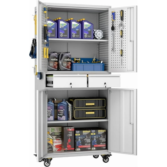 71" H Metal Garage Storage Cabinet with Wheels,Tool Storage Cabinet with Pegboard,2 Drawers and Lockable Doors for Garage, Warehouse,Home,Required Assembly,Grey and White