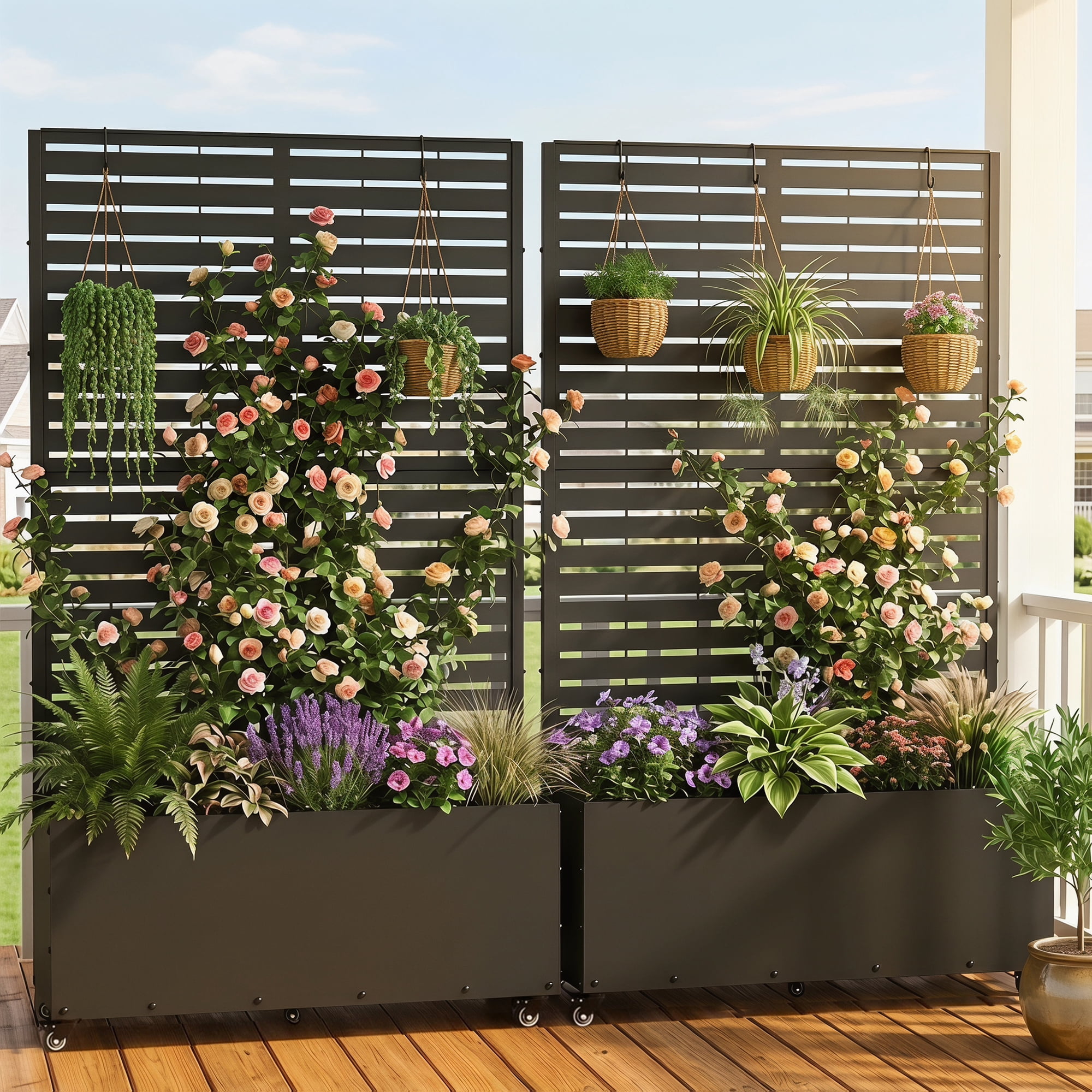 FOOWIN 71" H Metal Planter with Trellis  and Wheels Set of 2, Outdoor Raised Garden Bed for Climbing Plants, Trellis Planter Box with Drainage Hole, Black