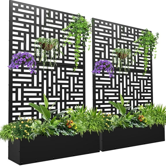71'' H Metal Planter with Trellis Set of 2, Outdoor Raised Garden Bed for Climbing Plants, Trellis Planter Box with Drainage Hole, Black
