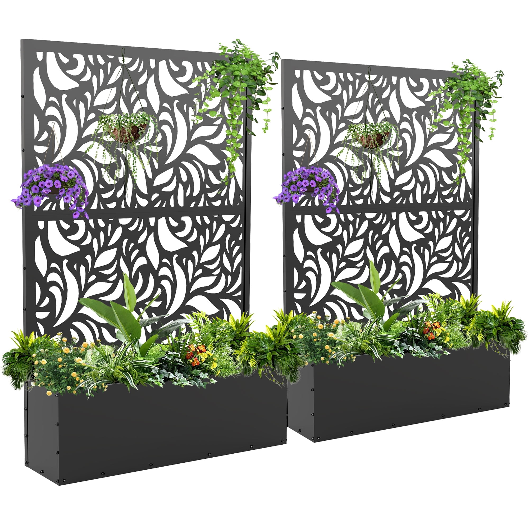 FOOWIN 71" H Metal Planter with Trellis Set of 2, Outdoor Raised Garden Bed for Climbing Plants, Trellis Planter Box with Drainage Hole, Black