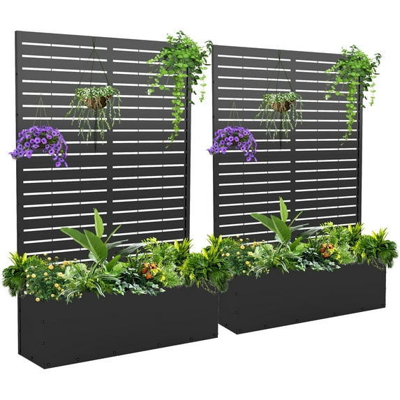 FOOWIN 71" H Metal Planter with Trellis Set of 2, Outdoor Raised Garden Bed for Climbing Plants, Trellis Planter Box with Drainage Hole, Black