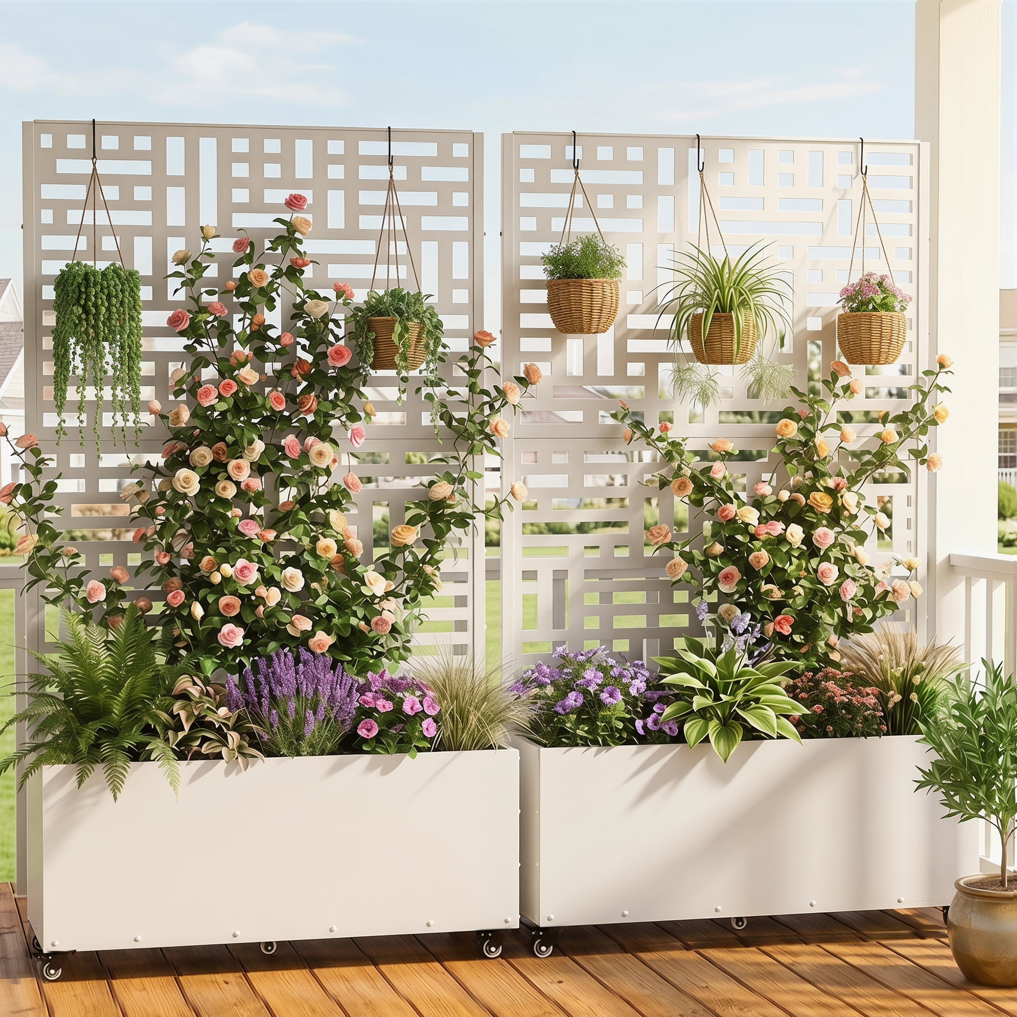 71'' H Metal Planter with Trellis and Wheels Set of 2, Outdoor Raised Garden Bed for Climbing Plants, Trellis Planter Box with Drainage Hole, White