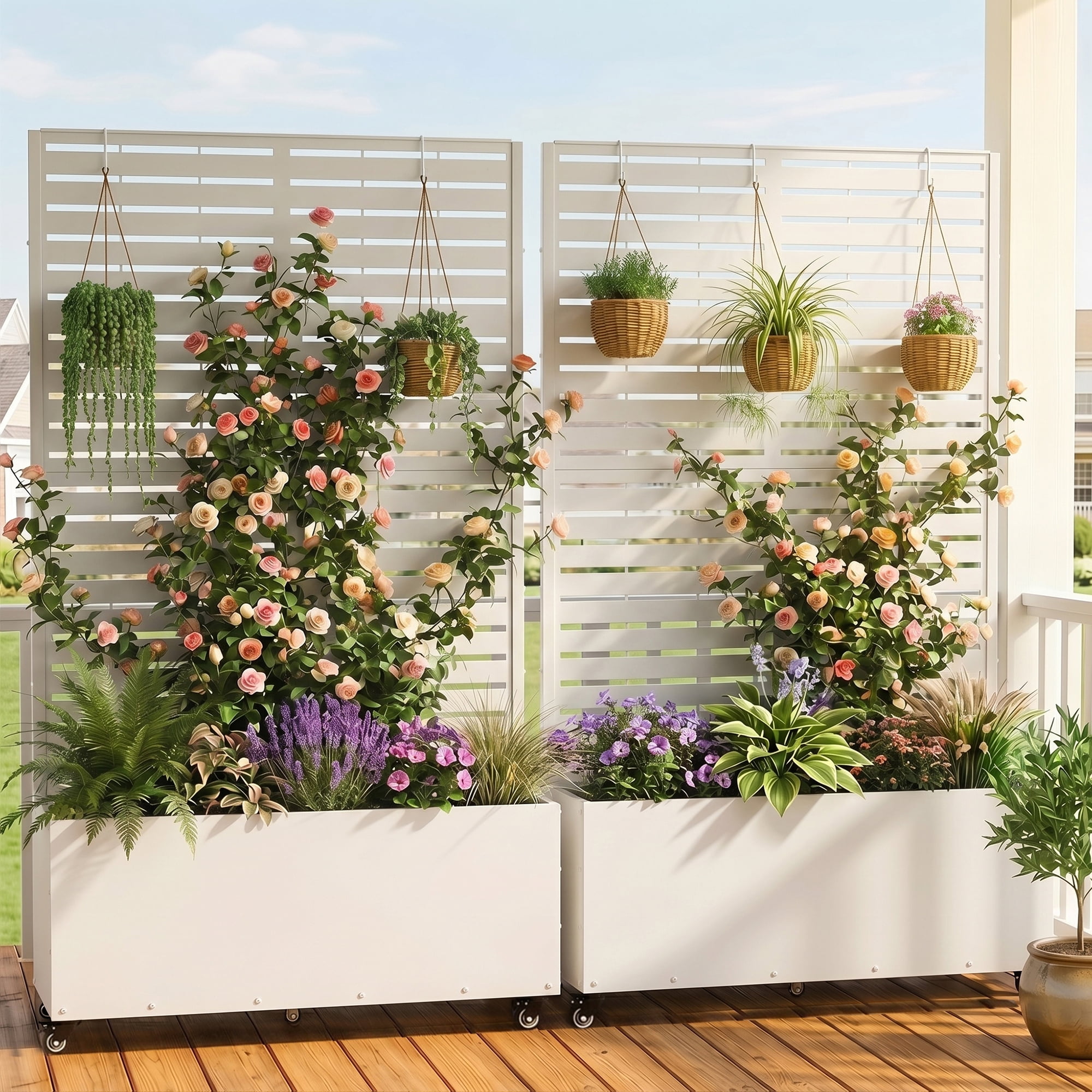 FOOWIN 71" H Metal Planter with Trellis and Wheels  Set of 2, Outdoor Raised Garden Bed for Climbing Plants, Trellis Planter Box with Drainage Hole, White