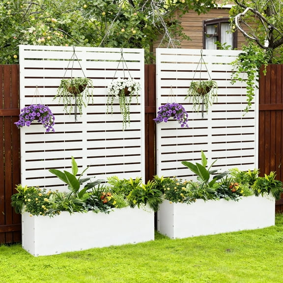 FOOWIN 71" H Metal Planter with Trellis Set of 2, Outdoor Raised Garden Bed for Climbing Plants, Trellis Planter Box with Drainage Hole, White