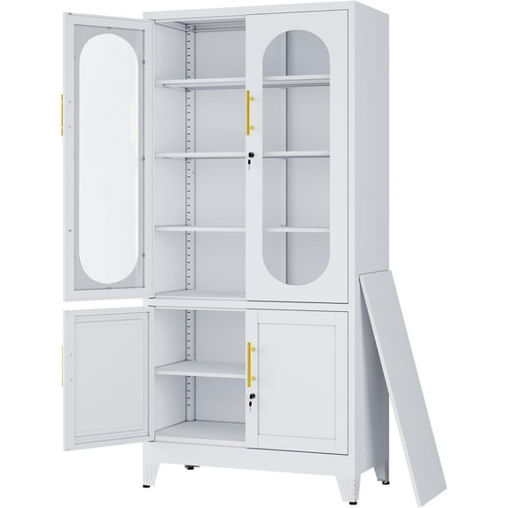71”H Metal Storage Cabinet with Lock Glass Doors and Shelves,Steel Garage File Cabinets, Kitchen Pantry Cabinet Tall Locker Organizer for Home, Office, Warehouse,Tool(White)