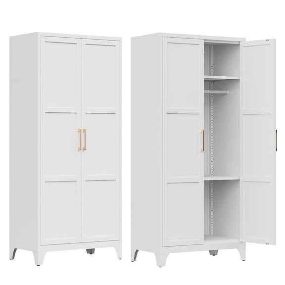 71" H Metal Wardrobe Closet with 2 Doors and Adjustable Shelves,Clothing Locker with Hanging Rod,Wardrobe Storage Cabinet for Home,Living/Laundry Room-White/Assembly Required