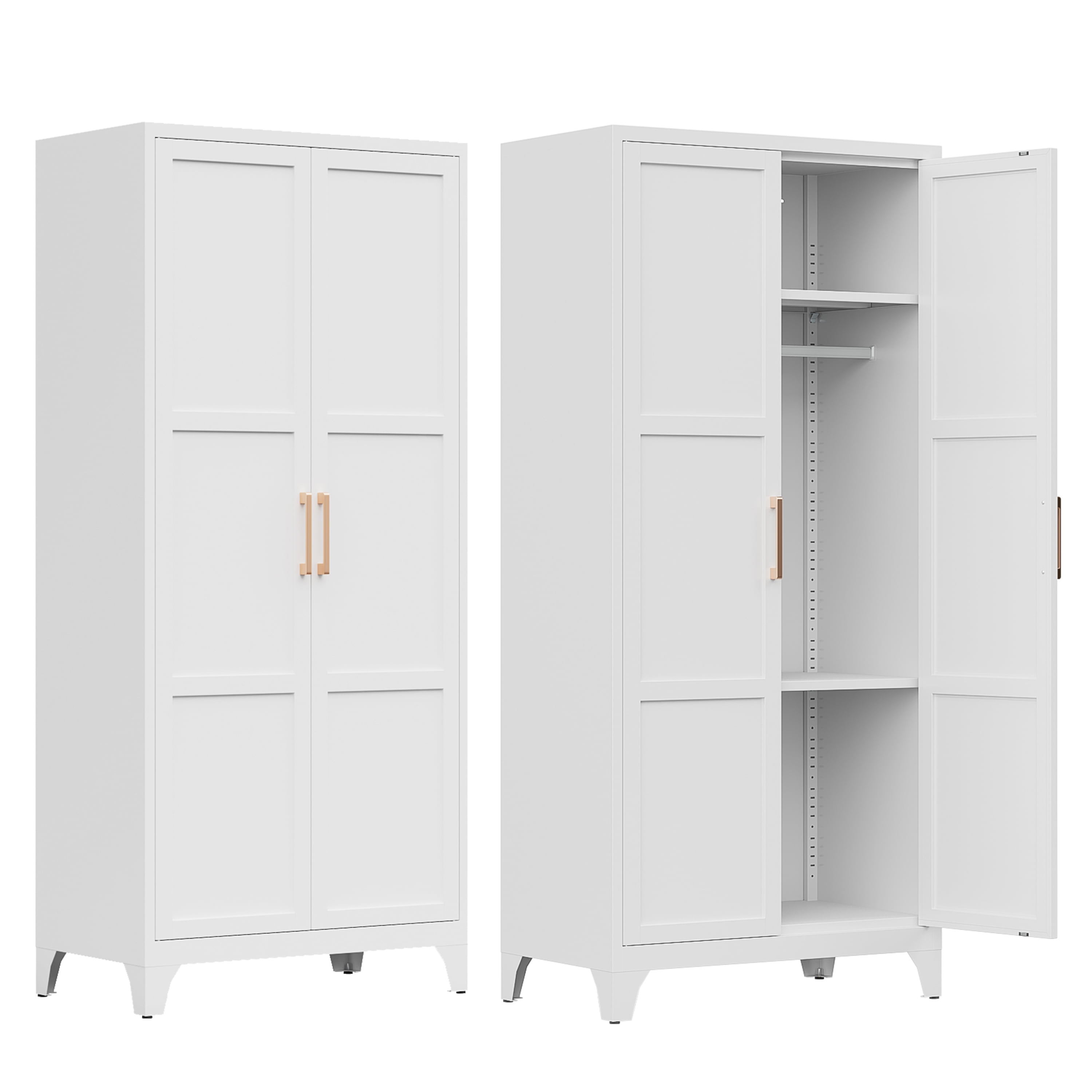 71" H Metal Wardrobe Closet with 2 Doors and Adjustable Shelves,Clothing Locker with Hanging Rod,Wardrobe Storage Cabinet for Home,Living/Laundry Room-White/Assembly Required